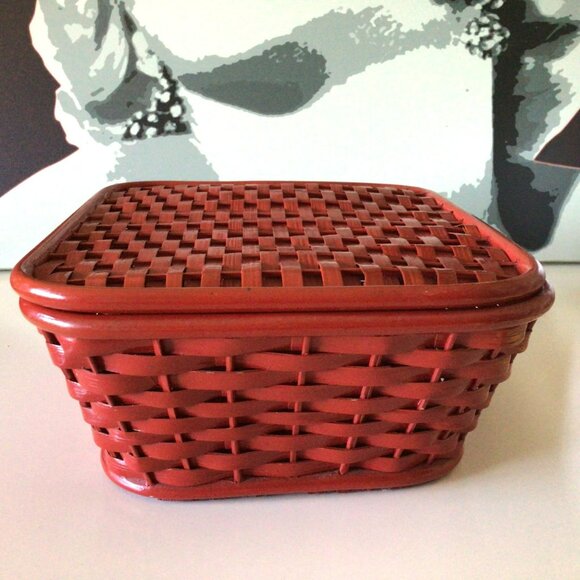 Red Woven Wooden Basket Hinged Lid Dresser Storage Accessory Box Philippines - Picture 10 of 14